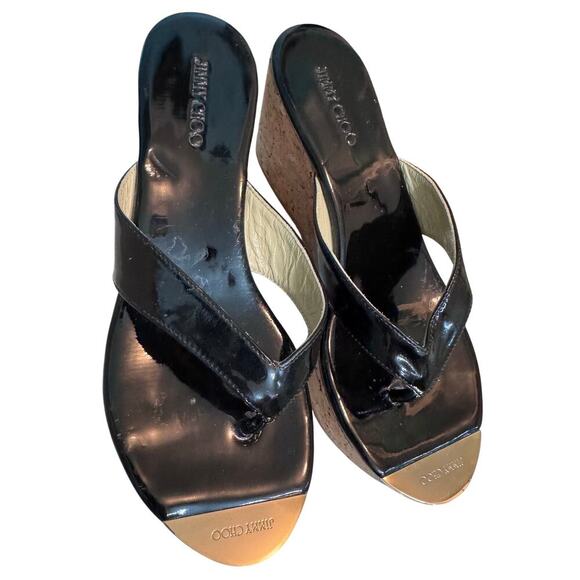 Auth Jimmy Choo Black Patent Leather Cork Wedge Sandals Size 39.5 - Picture 1 of 8